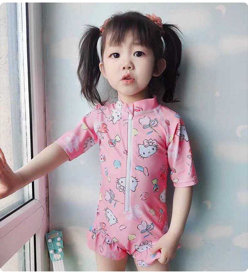 Hellokitty短袖連身泳裝-kitty與小熊-粉色