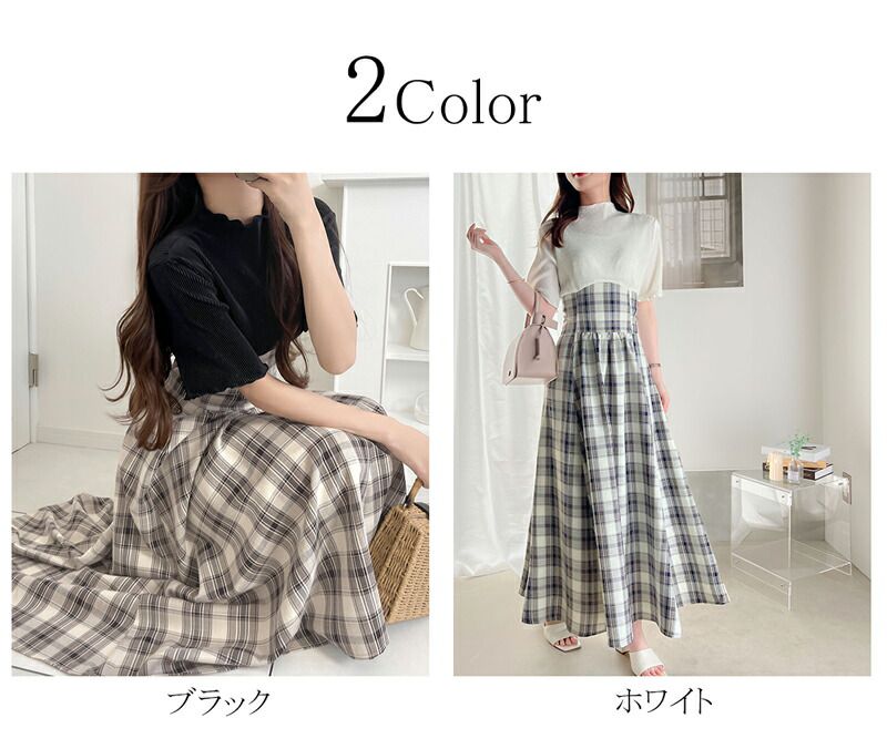 日本 Classical Elf - 浪漫格紋拼接後綁帶短袖洋裝-經典黑