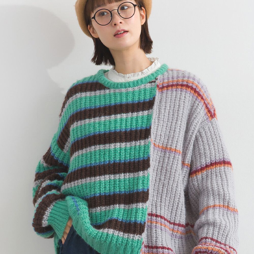 交錯明亮撞色條紋粗編毛衣-綠x灰系