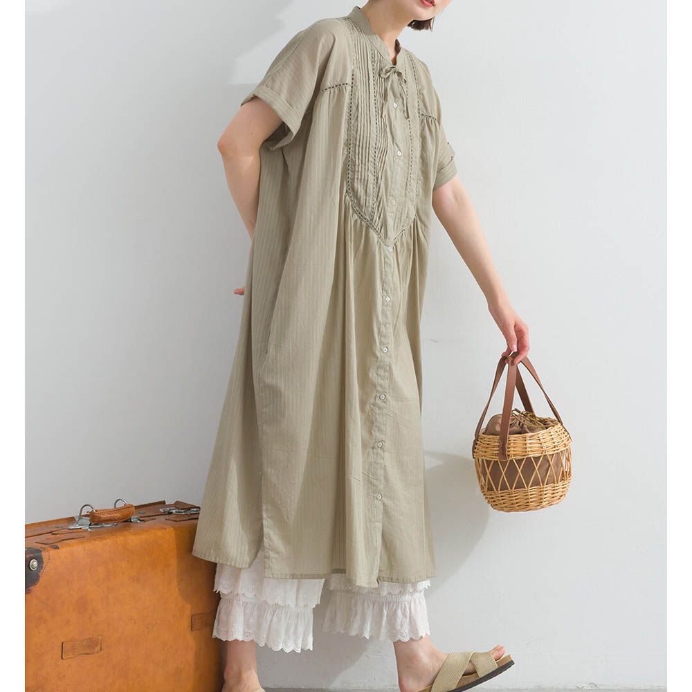100%印度棉 細緻鏤空蝴蝶結短袖洋裝-卡其棕