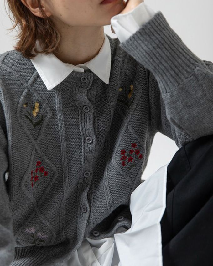 日本 gleam - 文藝風小花刺繡立體針織開襟衫-黑