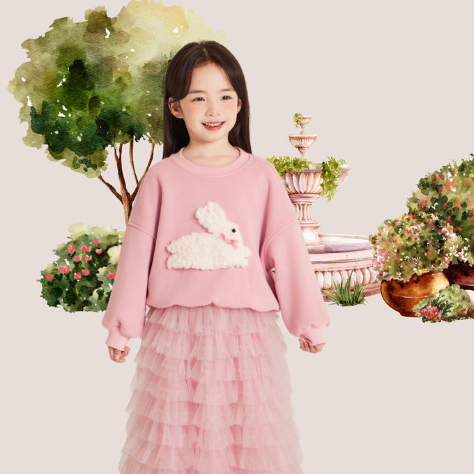 甜美毛毛小兔衛衣配軟網紗蛋糕長裙 女童保暖澎澎長裙套裝