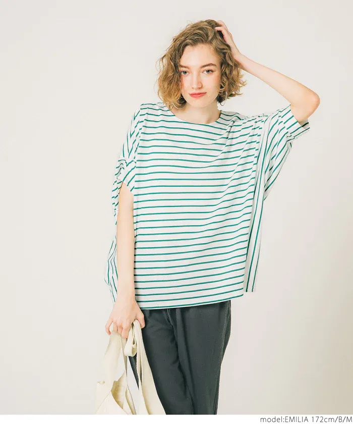 日本 COCA - 透氣百搭圓領飛鼠袖上衣-條紋-綠白