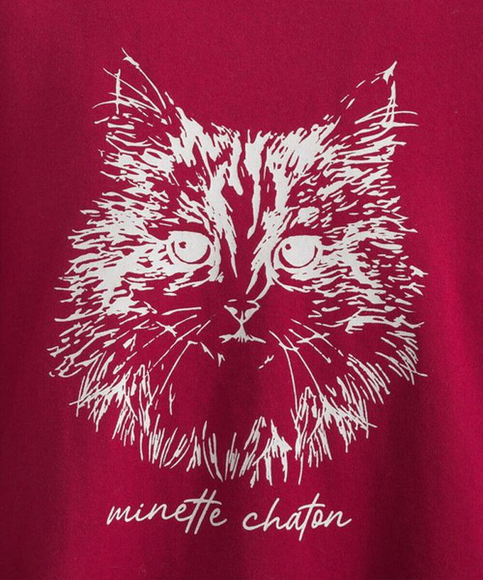 日本 Lupilien - 線條貓咪印花裏毛長袖上衣-淺灰