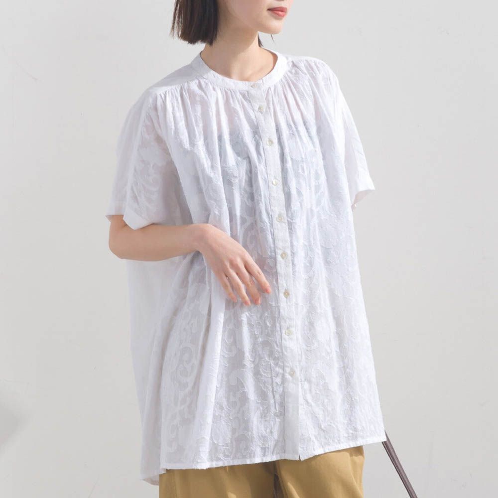 100%棉 透膚感緹花短袖寬版襯衫-白