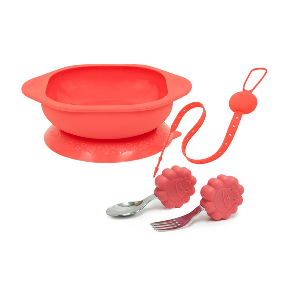 MARCUS＆MARCUS - 好好吃飯學習餐具組(吸盤碗+握握叉匙+防掉帶) -紅獅子