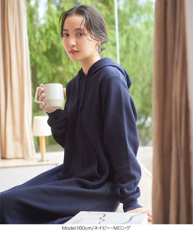 日本 Kobe Lettuce - 極上溫暖 裏起毛修身帽T洋裝-海軍藍