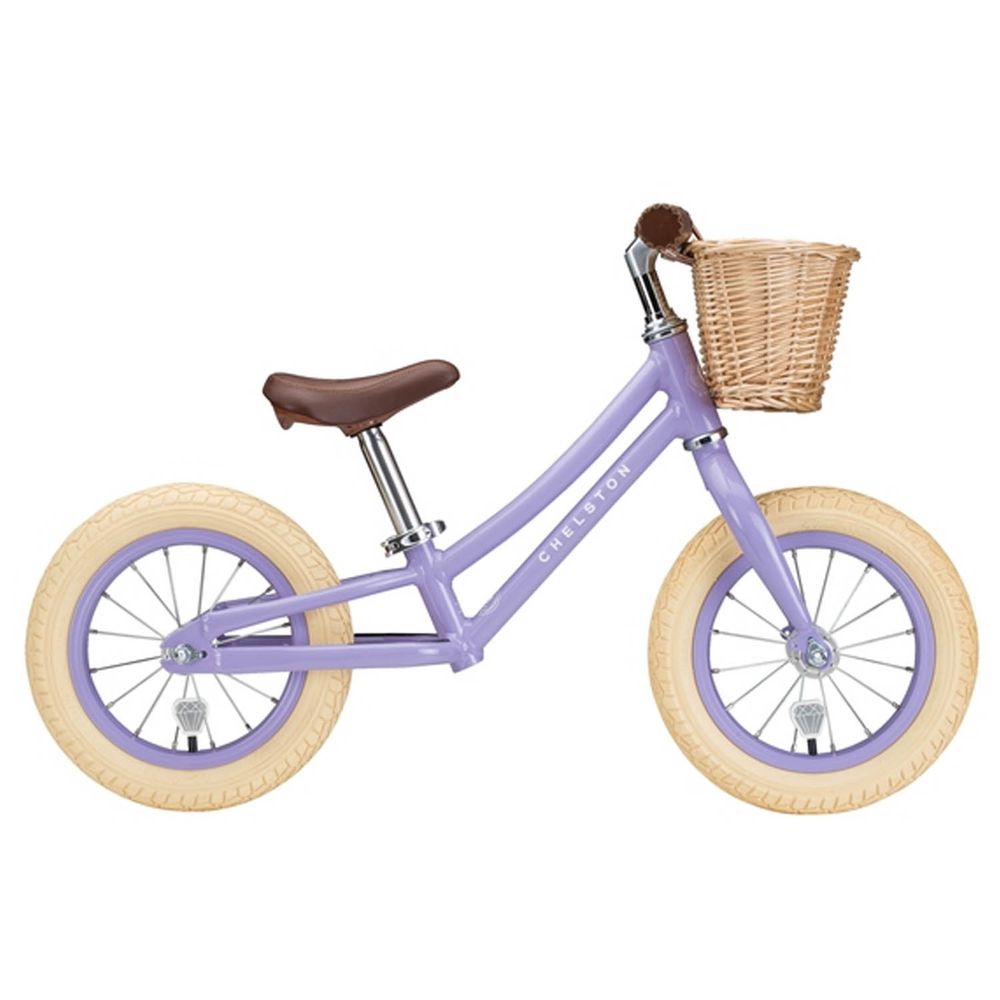 Chelston bikes - Mini Dutch 復古滑步車-薰衣草紫-滑步車 x 1 , 手工編織竹籃 x 1 , 麻料內襯 x 1 , 3 歲以下專用ABS氣嘴蓋 x 1