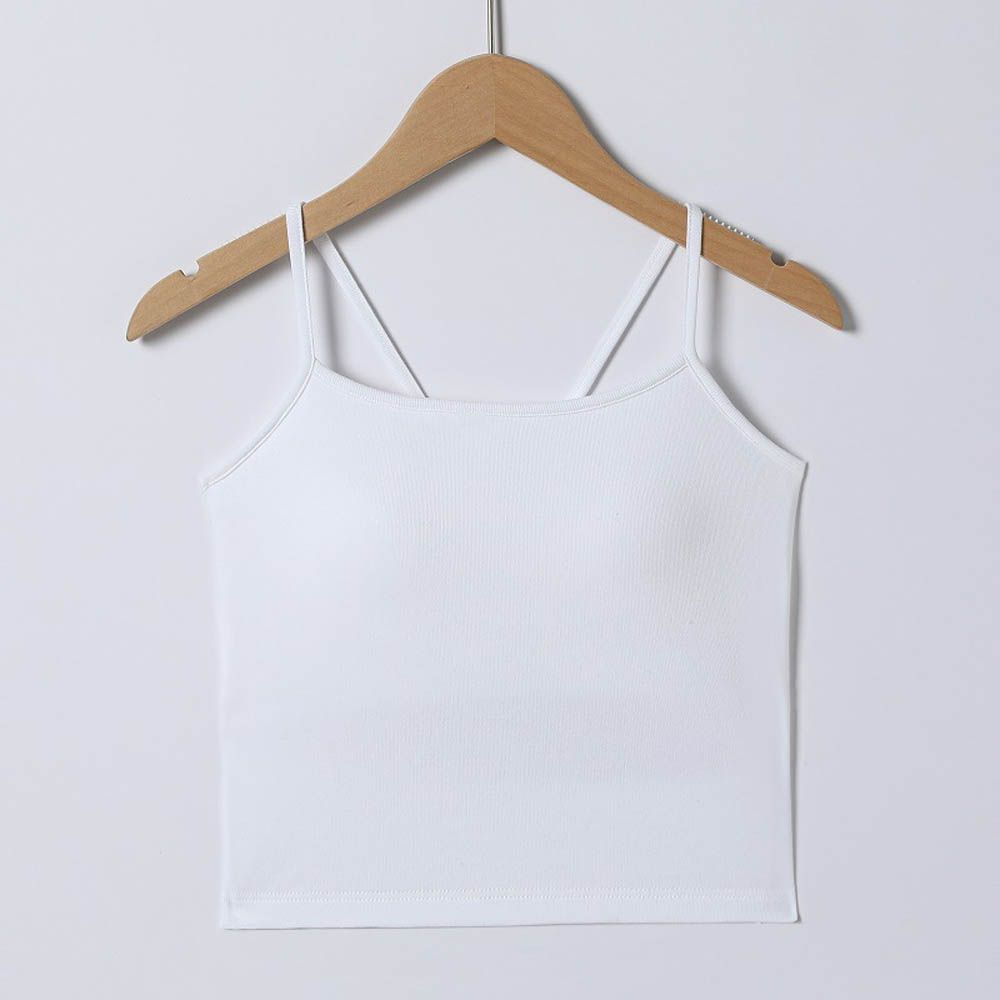 細肩帶簍空美背中短版BRA TOP/附罩杯上衣-白色