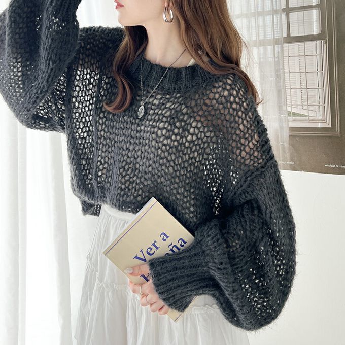 日本 Classical Elf - 甜美船領針織洞洞大寬袖毛衣-湖水綠