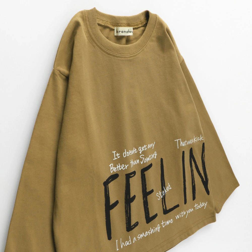 100%棉 落肩印花長袖上衣-FEEL IN-棕