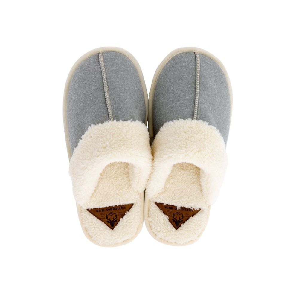 日本千趣會 - 毛絨拼接保暖室內拖鞋-灰X米