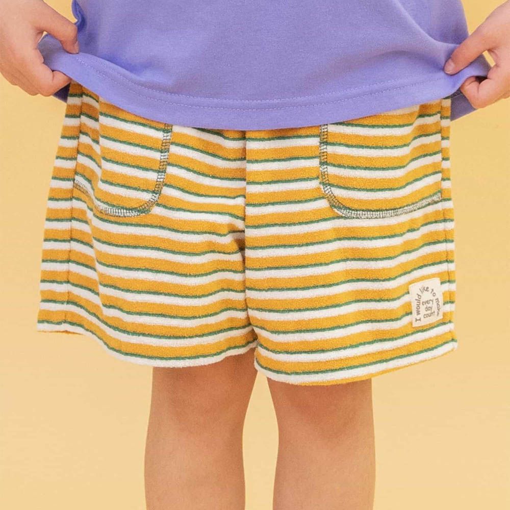 柔軟毛巾感鬆緊短褲-條紋-黃x白