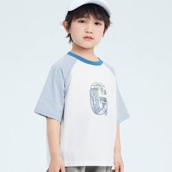 BOMI - 涼感吸濕透氣圓領短袖上衣-機械圖騰-拼袖藍