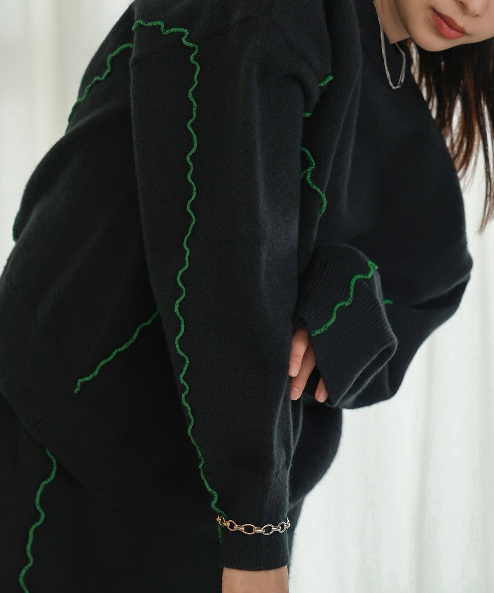 日本 Bab - 不規則撞色滾邊長袖上衣-黑x綠