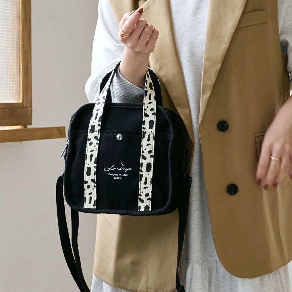 2way輕量文藝方形帆布小包-黑x斑點