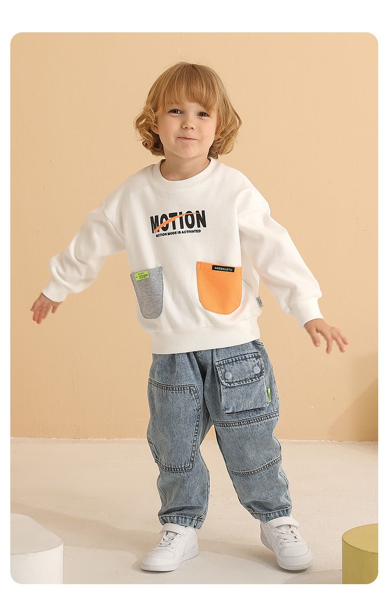 童趣圓領長袖上衣-拼色雙口袋-黑色