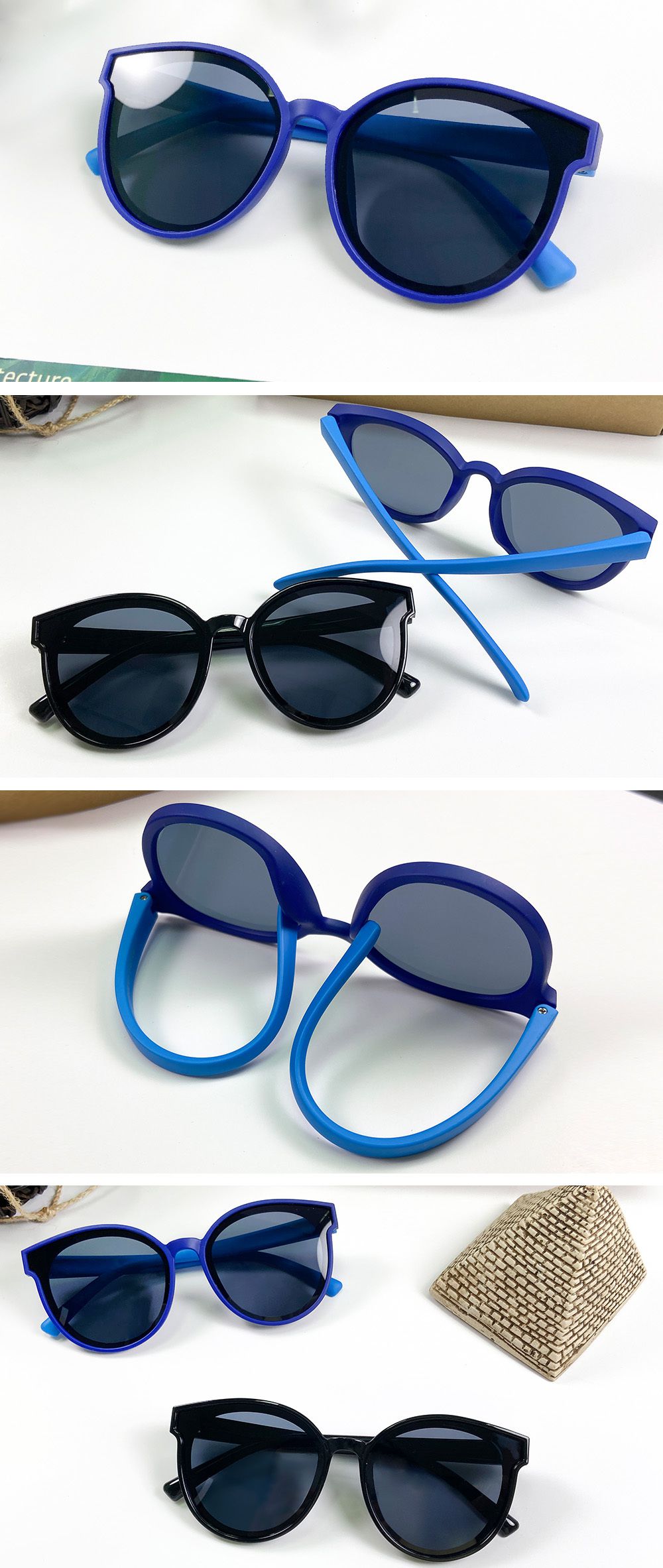 ALEGANT - 氧氣藍中性兒童專用輕量貓眼圓框彈性偏光墨鏡│UV400太陽眼鏡