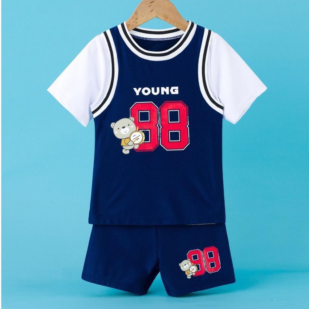 男寶短袖泳裝套裝-88熊熊-深藍+白