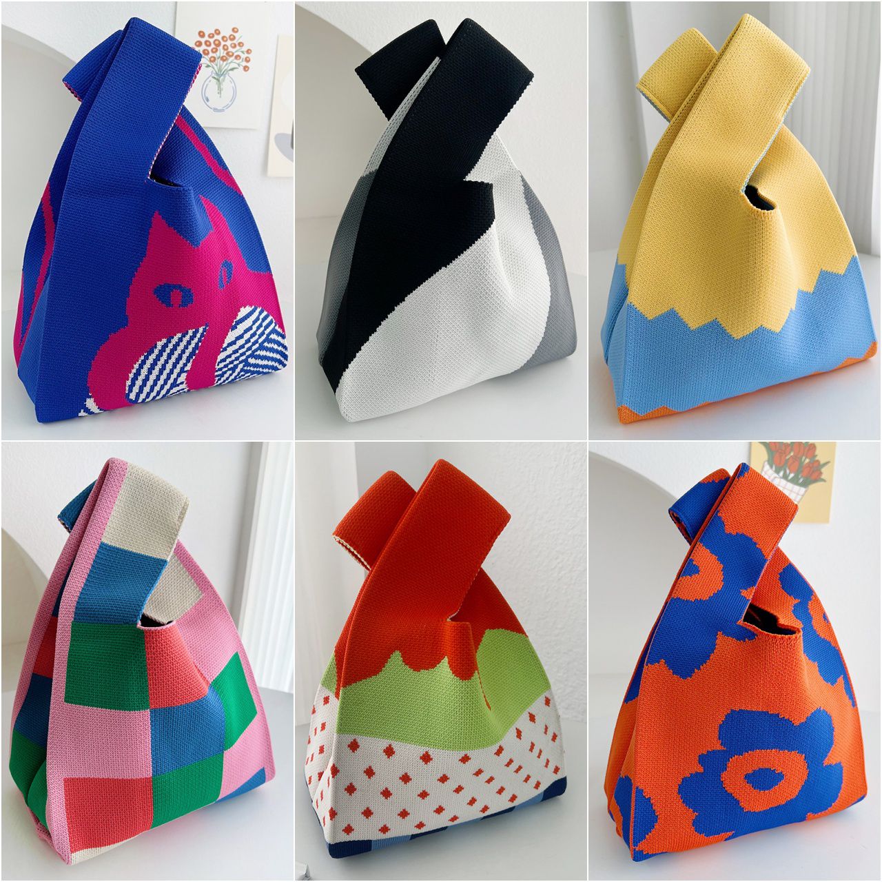 輕便休閒針織手拿包/手提包-黑白條紋-黑+白 (20x35cm)