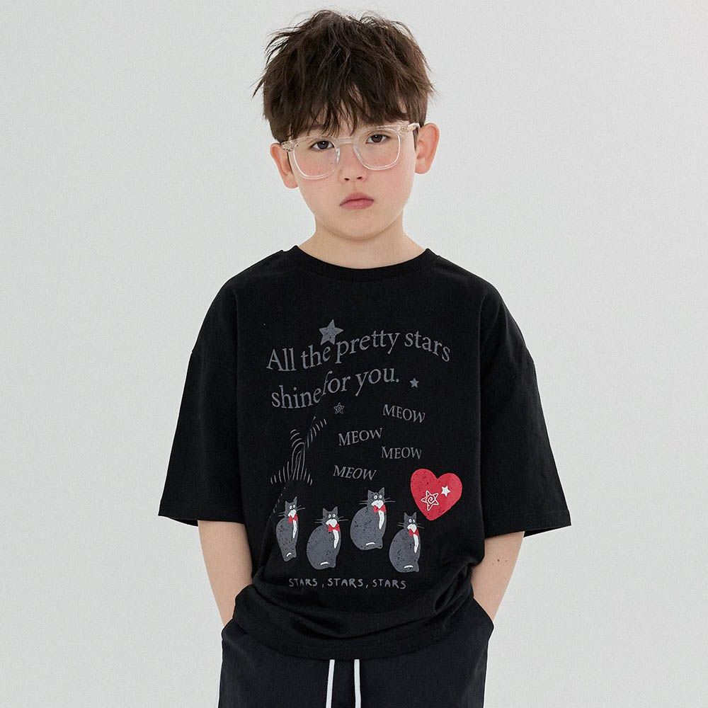 貓咪的愛寬鬆短袖上衣-黑