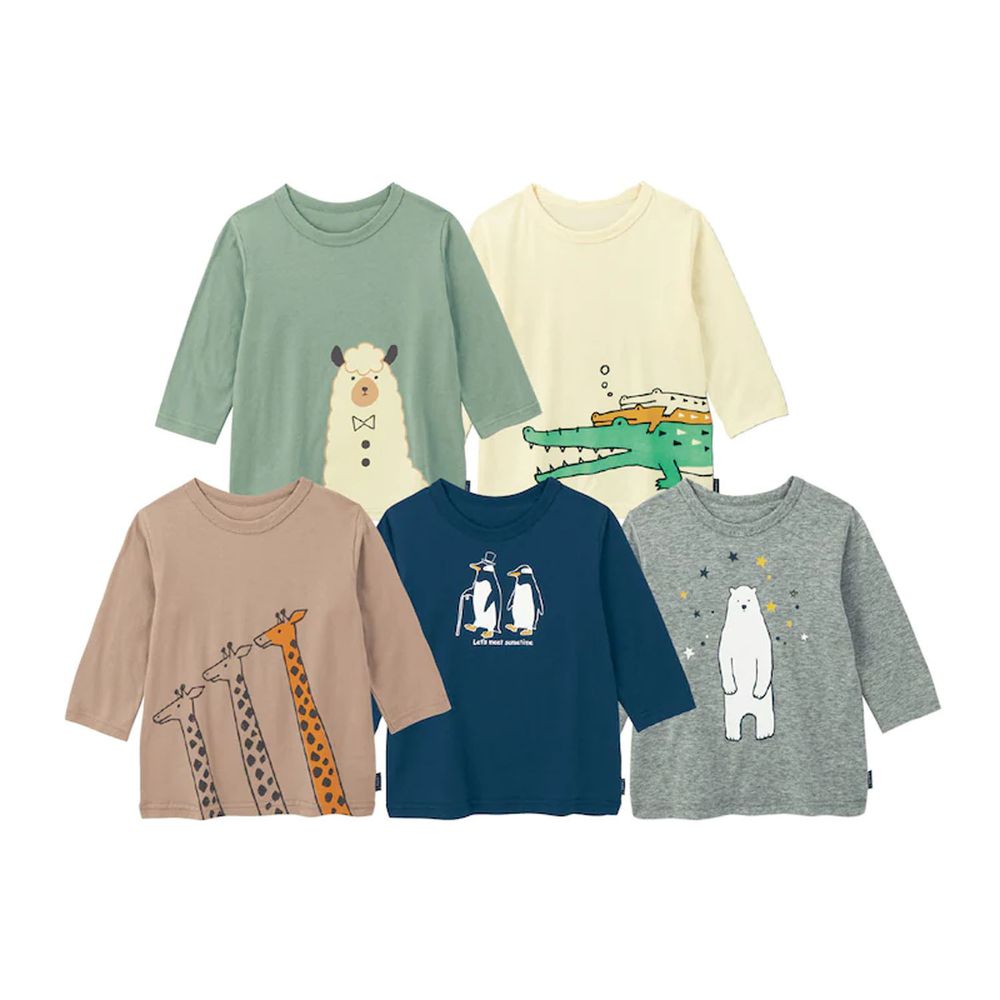 日本千趣會 - 超值內衣/T恤五件組 (七分袖)-可愛小動物-杏米色系