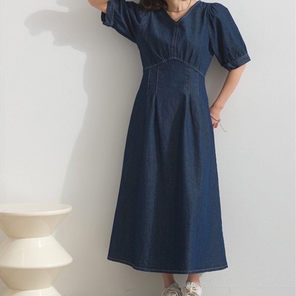 8oz顯瘦V領純棉丹寧澎澎短袖洋裝-海軍藍
