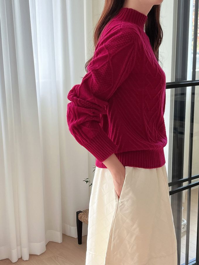 韓國女裝連線 - 立體紋路中領針織長袖上衣-燕麥米 (FREE)