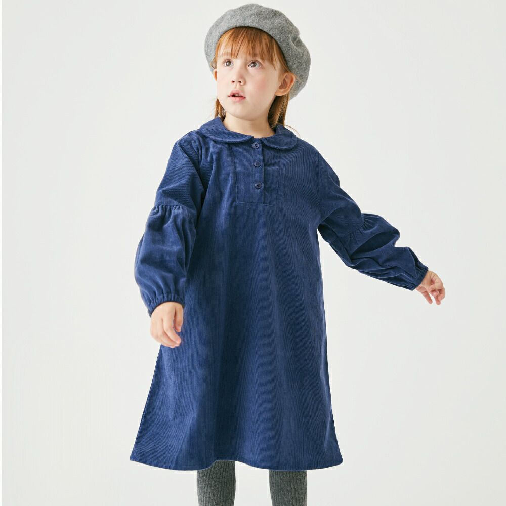 日本 evercloset - 甜美圓領燈芯絨澎澎長袖洋裝-炭灰