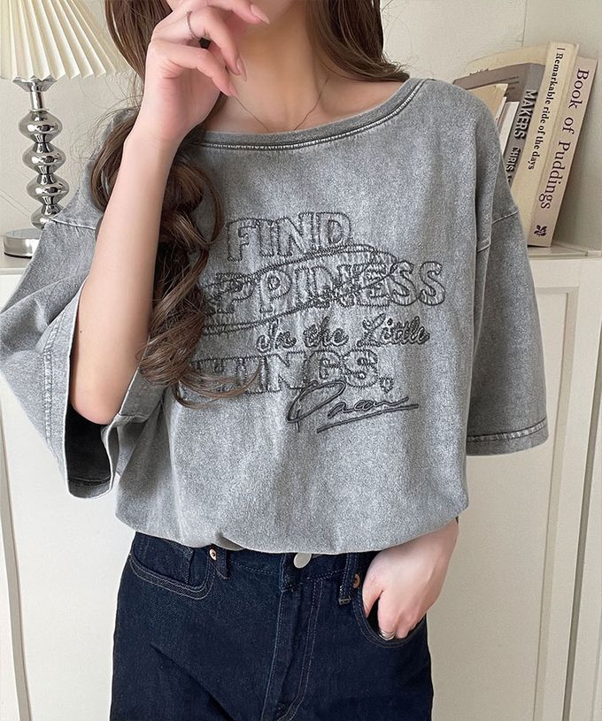 日本 Classical Elf - 純棉復古logo船領前後穿短袖上衣-炭灰