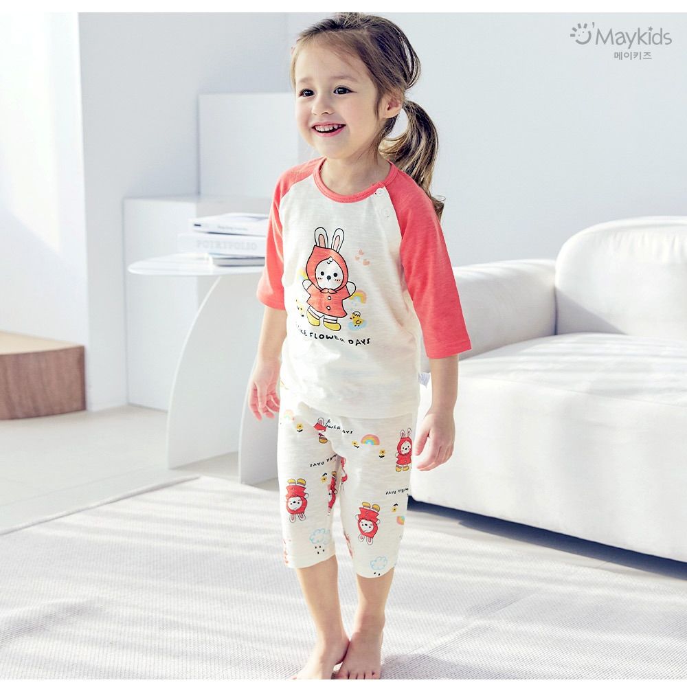 輕薄細柔棉七分袖家居服-紅斗篷兔兔-米X紅