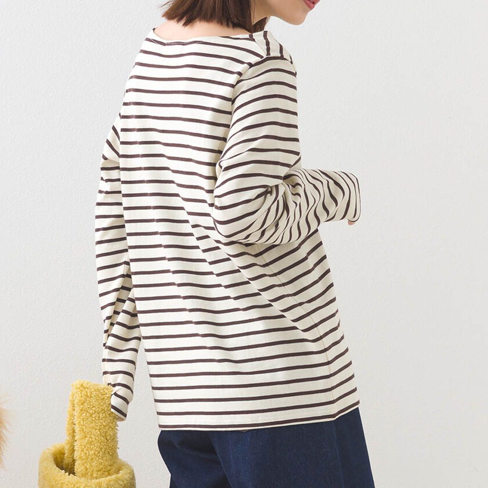 [必收款]100%棉 條紋船領長袖上衣-米x黑