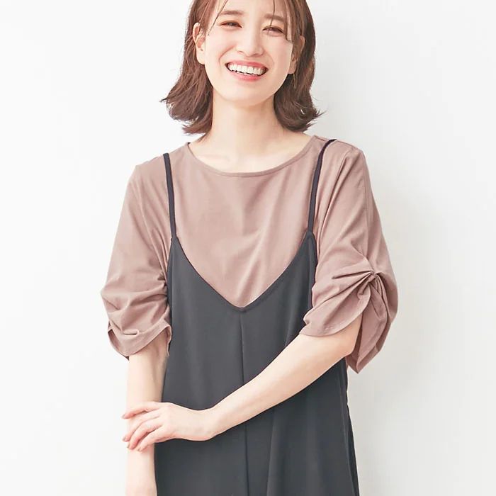 日本 BELLUNA - 純棉舒適抓皺五分袖上衣-芥末