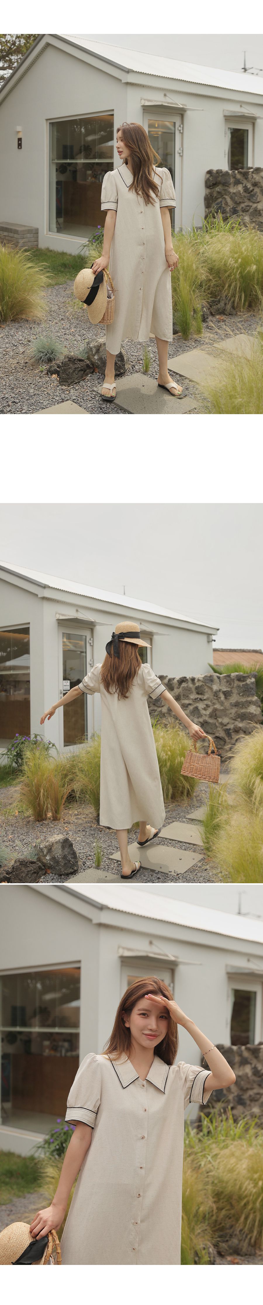 韓國 Urbantheroom - 婉約翻領棉麻連身洋裝-深藍黑 (Free)