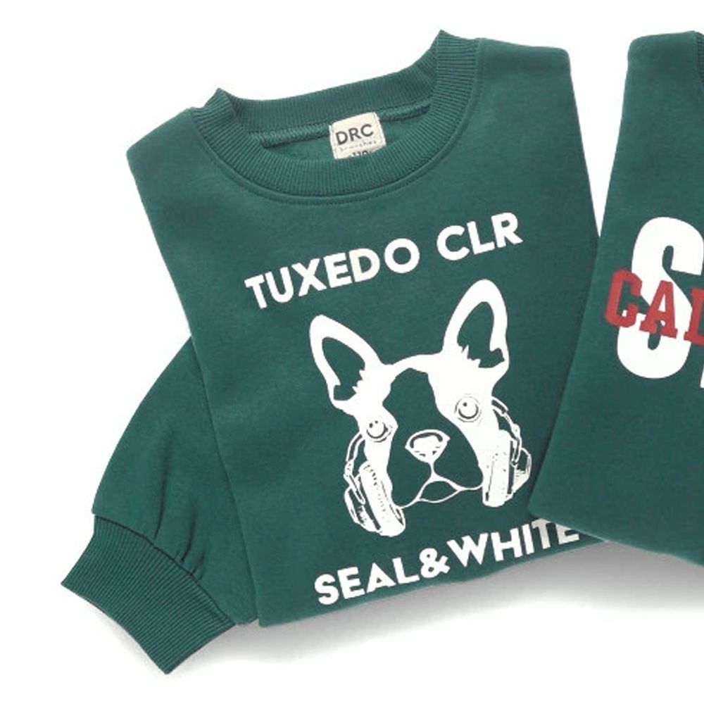 裏起毛 舒適縮口長袖上衣-法鬥狗狗-濃綠