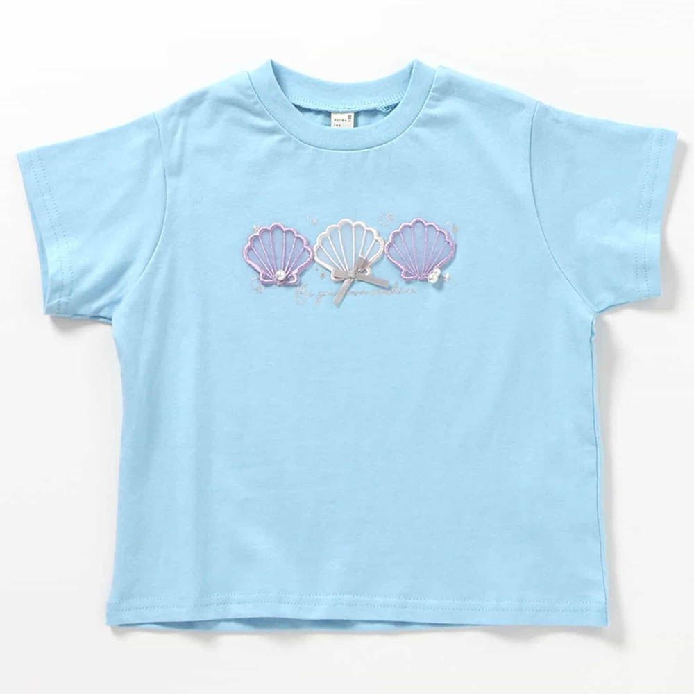 可愛立體刺繡短袖上衣-貝殼-水藍