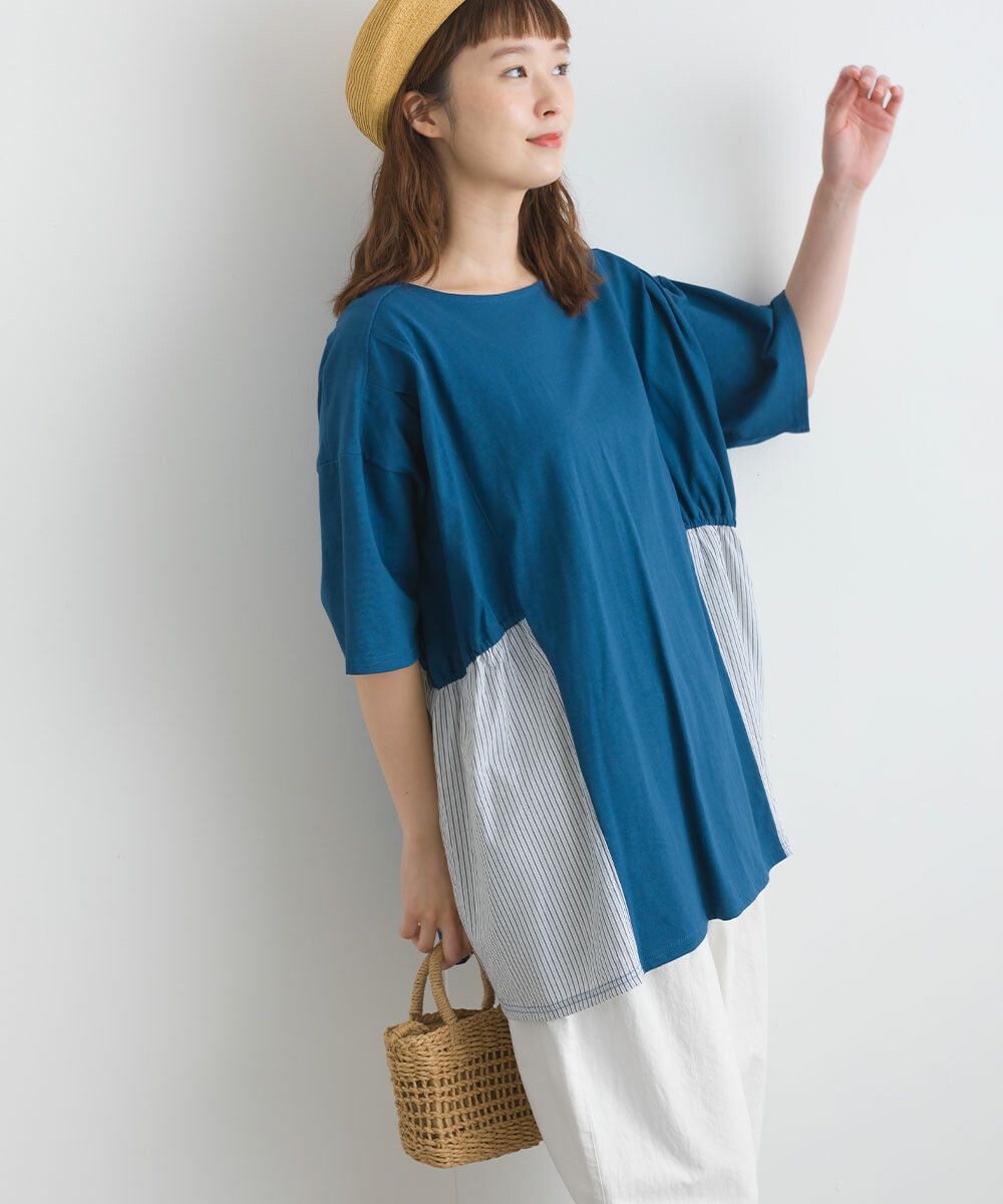 日本女裝代購 - 16支天竺棉拼接五分袖上衣-米白