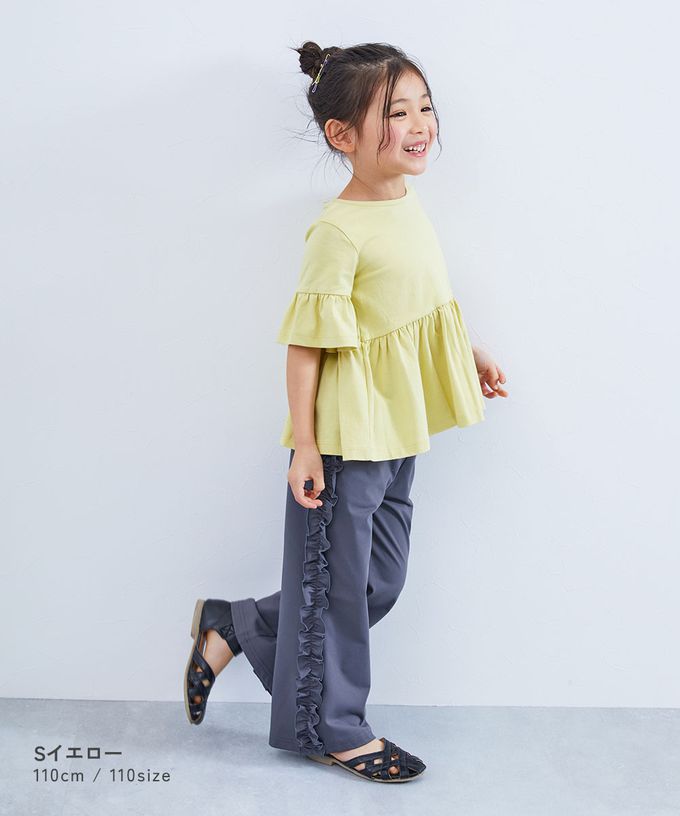 日本 devirock - 寬鬆圓領荷葉五分袖上衣-黑灰