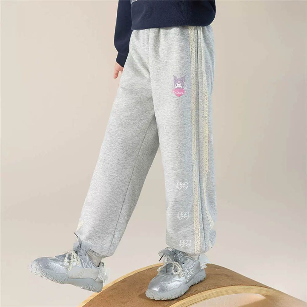 側邊蕾絲織帶拼接休閒長褲-卡通人物酷洛米-灰色