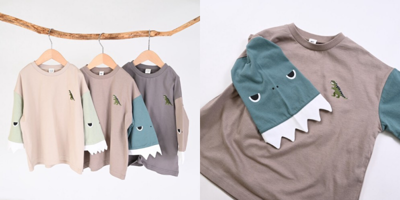 日本 Baby Room - 純棉印花七分袖上衣-恐龍張大嘴-灰黑