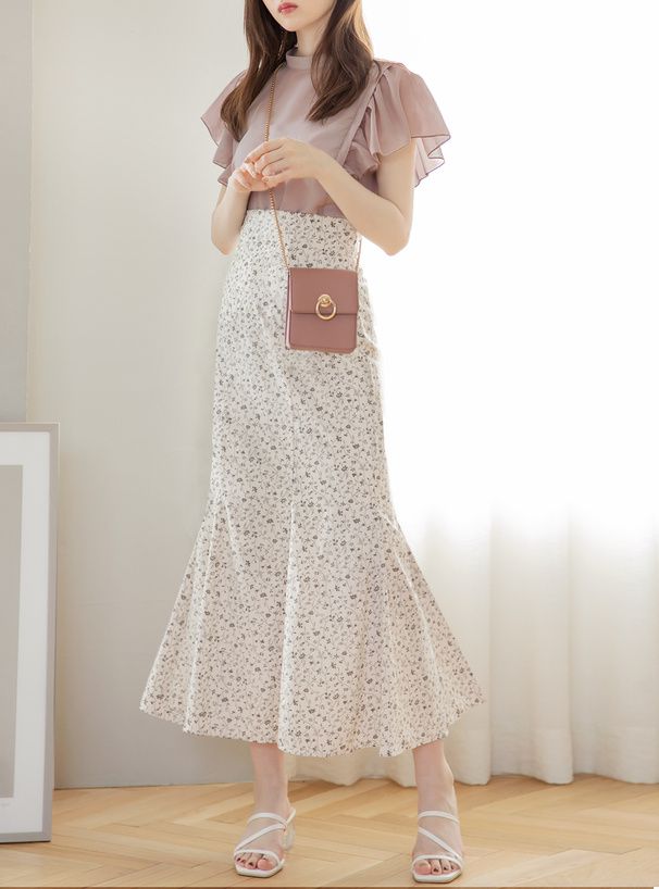 日本 GRL - 氣質小碎花雪紡魚尾裙-米杏