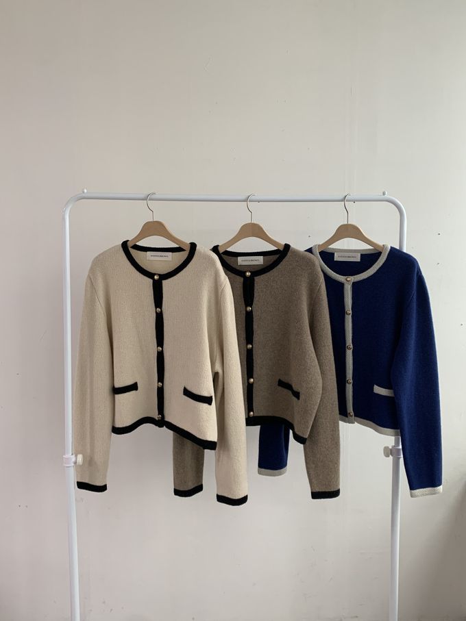 韓國女裝連線 - 百搭無領金釦針織外套-深藍 (FREE)