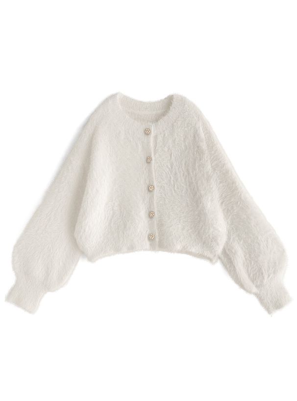 日本 GRL - 花朵珍珠釦毛絨外套-奶茶灰 (F)