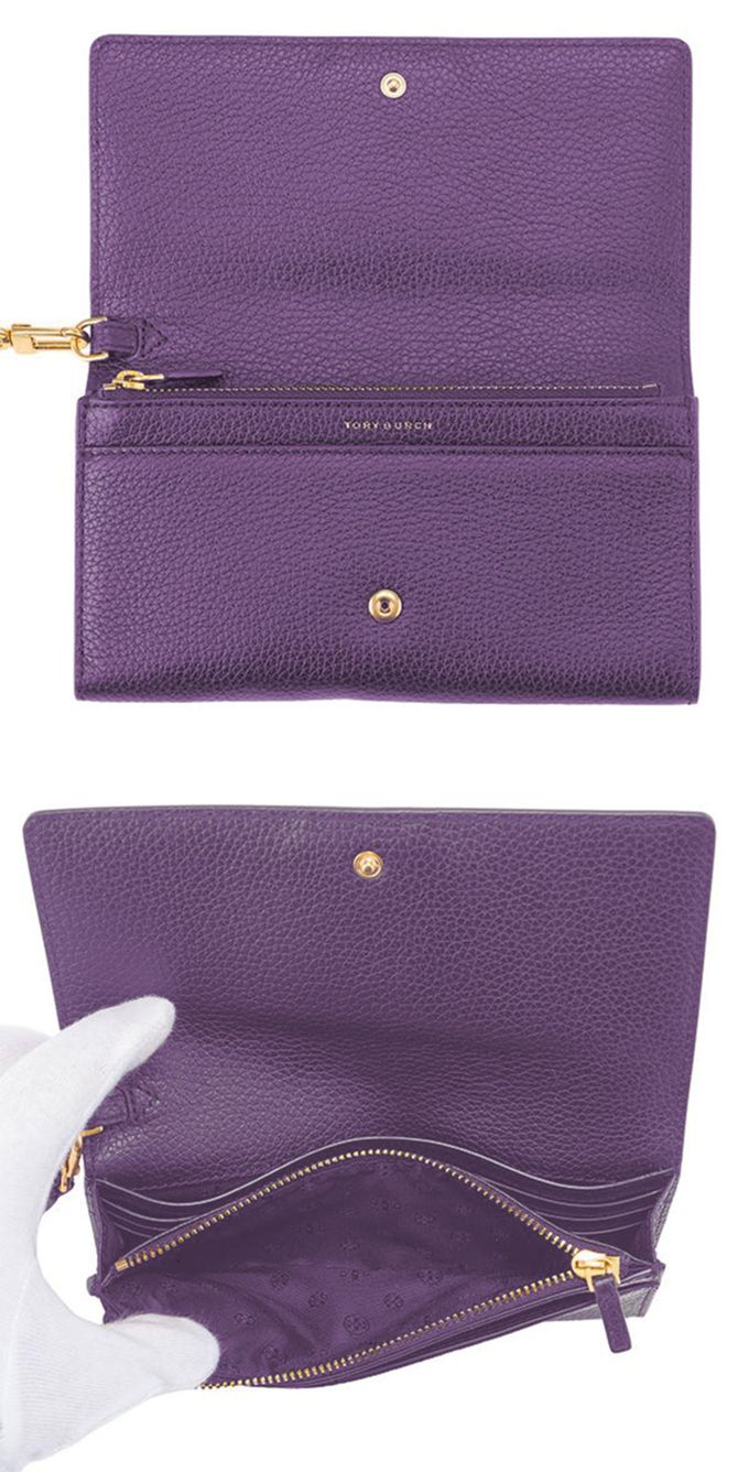 TORY BURCH - 雙T-LOGO皮革翻蓋手拿包長夾 (深萄葡紫)