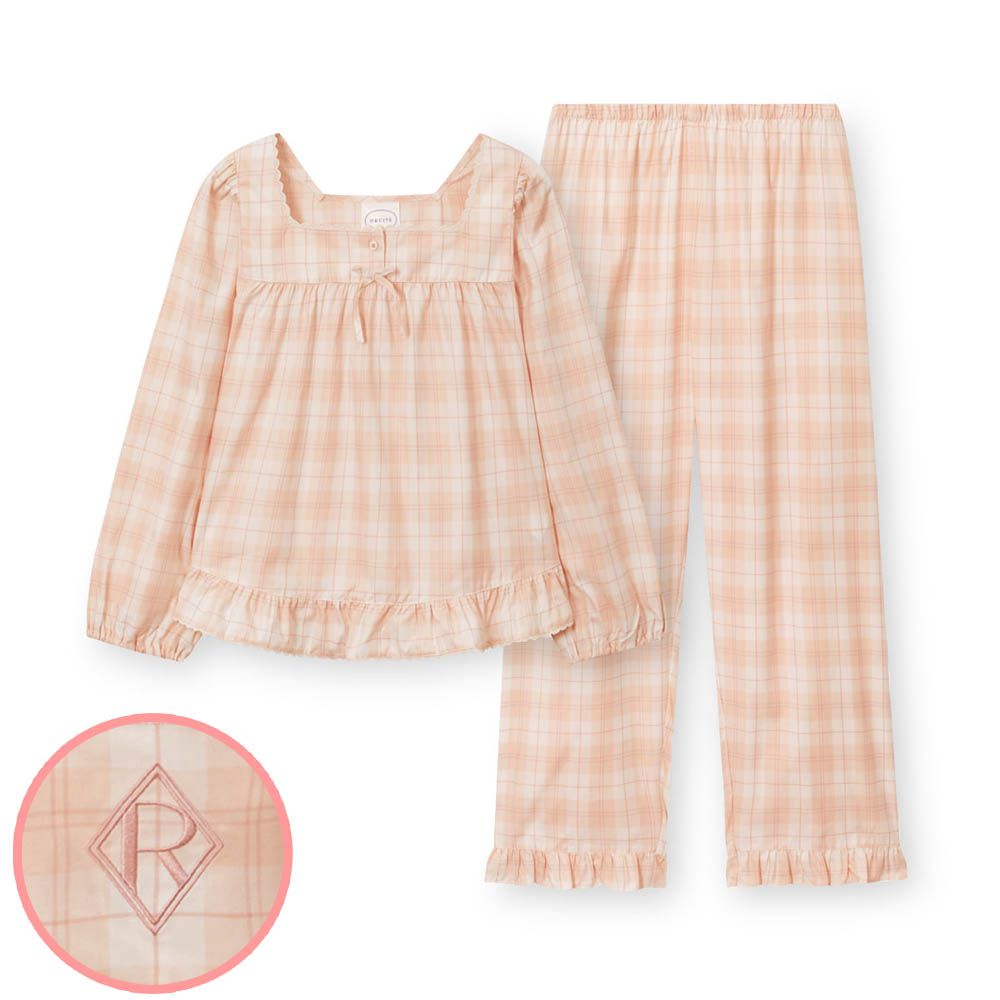 (媽媽)天絲柔織棉不易皺方領長袖睡衣套裝-格紋-杏膚