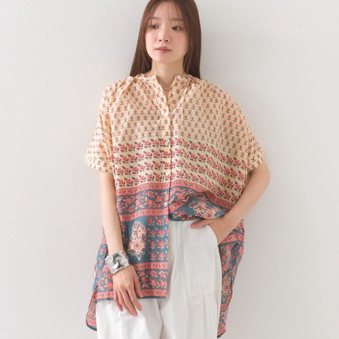 日本 OMNES - 100%印度棉 夏日印花休閒長版襯衫-淺棕條紋