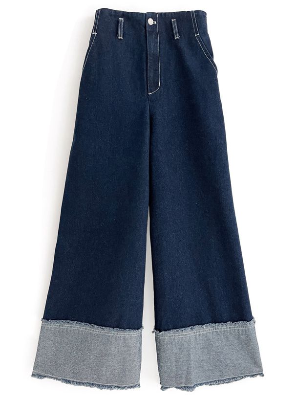 日本 GRL - 復古反折丹寧美腿寬褲-深藍