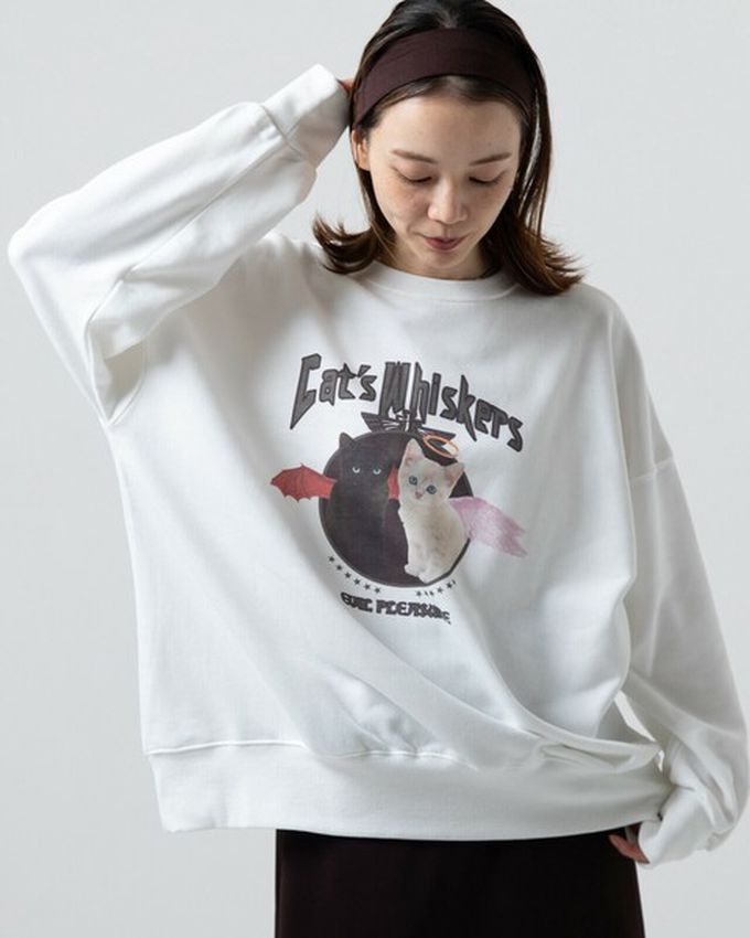 日本 gleam - 裏毛寬版天使惡魔貓咪印花大學T-淺灰