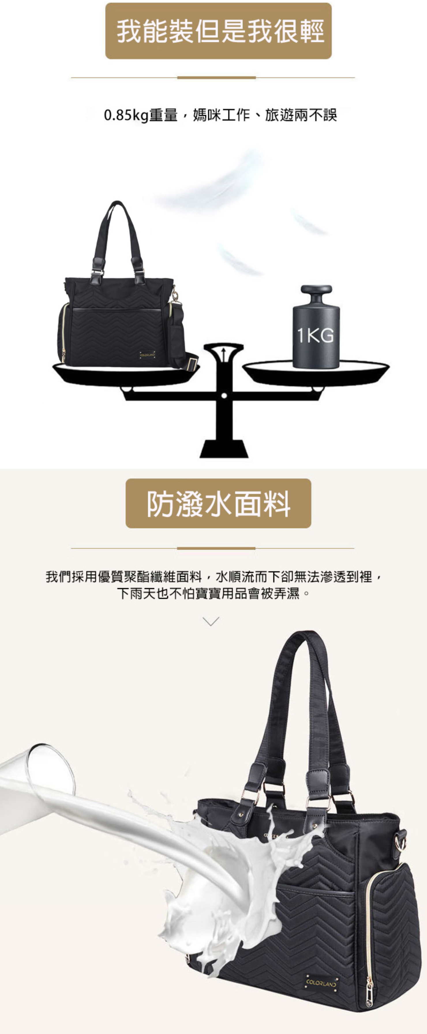 Colorland - 波紋手提包 中型時尚 附斜背帶-黑色 (32*13*30cm)