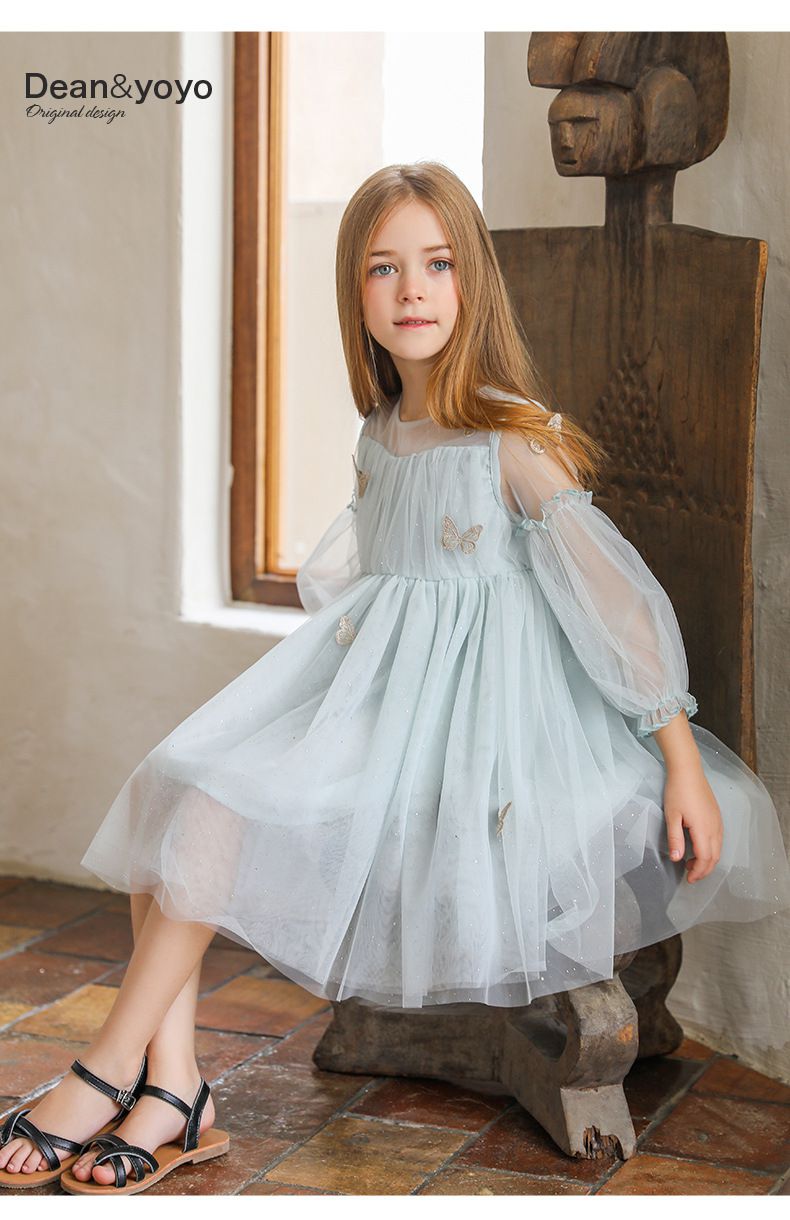 Little Deeyoo - 小仙女七分袖網紗連身洋裝-立體蝴蝶-藍色